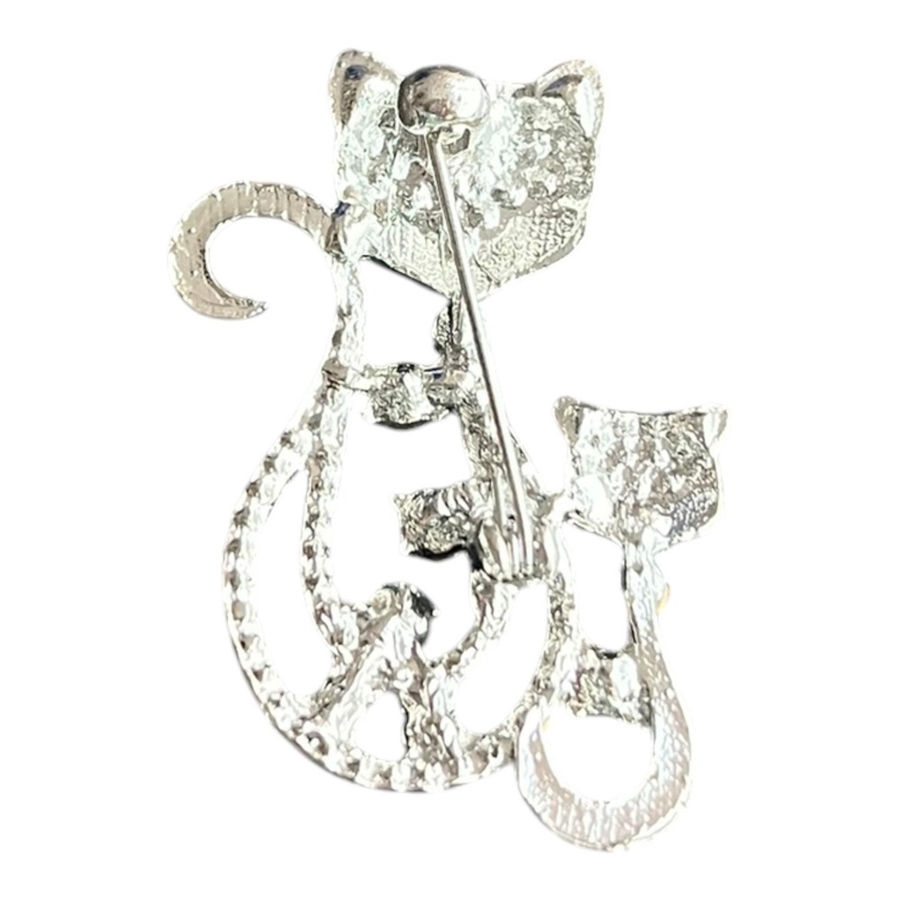 Cat Brooch Pin Women's Silver Tone 1.75" Rhinestone Animal Kitty Jewelry - Picture 2 of 3